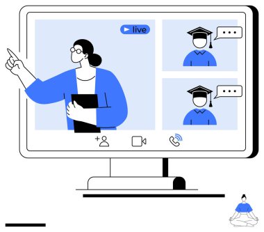 Bilgisayar ekranında sanal derste sunum yapan öğretmen, sohbet yoluyla mezuniyet şapkası takan öğrencilerle iletişim kuruyor. E-öğrenim, eğitim, uzaktan çalışma, teknoloji, takım çalışması, öğretim, basit