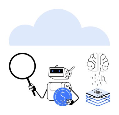 Robot elinde büyüteç ve bozuk para, yapay zekayı gösteren beyin, veri işlemeyi sembolize eden çip, yukarıdaki bulut. AI, veri bilimi, bulut hesaplaması, finans, robotik dijital yenilik için ideal