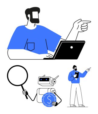 Dizüstü bilgisayarda çalışan bir adam, para ve büyüteçle çalışan bir robot, yön gösteren bir pano figürü. Teknoloji, yapay zeka, yenilik, finans, araştırma işi büyüme rehberliği için idealdir. Düz