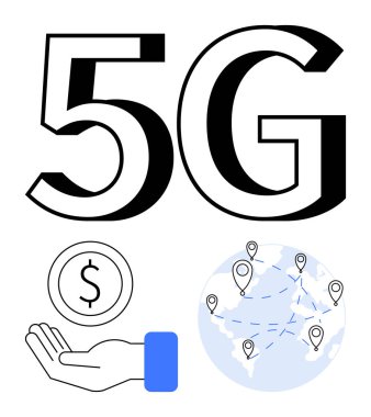 5G metin, el ele tutuşma madeni para, konum şifreli küresel harita ve birbirine bağlı hatlar. Teknoloji, iletişim, yenilik, finansal büyüme, bağlantı için ideal, basit iniş sayfası