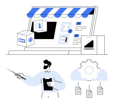 Alışveriş simgeleriyle çevrimiçi mağaza önü, belge ve iş akışı sunan menajer, vites simgeleme süreci. E-ticaret, perakende stratejisi, çevrimiçi iş, işlem otomasyonu, ürün için ideal