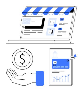 Çevrimiçi mağaza arayüzü olan dizüstü bilgisayar, dolar işareti, tablette dijital ödeme. E-ticaret, dijital bankacılık, çevrimiçi satışlar, ödeme sistemleri, mobil finans, basit alışveriş uygulamaları için ideal