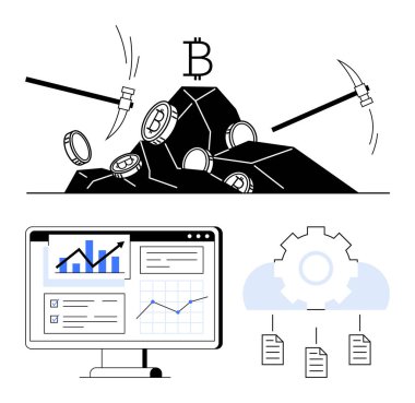 Madencilik aletleri kayalarda Bitcoin çıkartıyor, paralar havada uçuşuyor. Aşağıda, veri grafikleri ve bulut dişlileri dosyaları birbirine bağlıyor. Kripto para birimi, engelleme zinciri, analiz, teknoloji ve finans yenilik dairesi için ideal