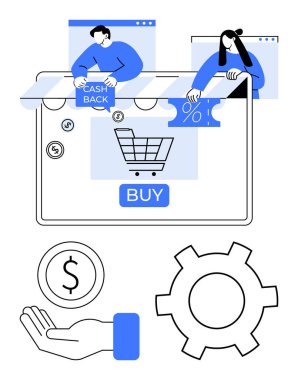 Ekrandaki dijital el arabası, nakit para ve indirim simgeleri tutan figürler, dolar el sembolü ve teçhizat. E-ticaret, nakit geri ödeme sistemi, indirimler, alımlar, çevrimiçi ödeme kullanıcı deneyimi için ideal