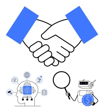 El sıkışma, anlaşmayı, yapay zeka unsurlarını ve robotların finans ve yenilik verilerini analiz etmesini sembolize eder. İş, analitik, otomasyon, teknoloji, ortaklık, finansal büyüme için idealdir.
