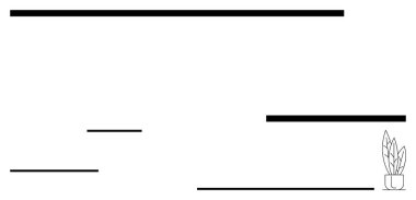 Farklı uzunluktaki çeşitli siyah yatay çizgiler ve bir saksı bitkisi modern bir kompozisyon oluşturur. İç tasarım, çalışma alanı, organizasyon, yaratıcılık, basitlik, dekor için ideal