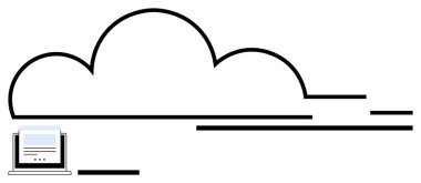 Bilgisayara bağlı minimalist bulut yapısı bir web sayfası, bulut depolama, teknoloji ve çevrimiçi hizmetleri simgeliyor. IT, veri transferi, yenilik, siber güvenlik ve uzak çalışma için ideal
