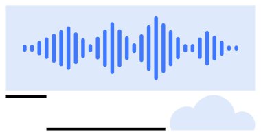 Bulut simgesinin üstündeki sesi ya da sesi temsil eden mavi ses dalgası. Ses teknolojisi, dijital ses, bulut bilgisayarı, iletişim, depolama, yayın, podcast için ideal. Düz basit metafor
