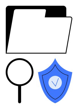 Dosya klasörü, büyüteç ve kalkan veri güvenliğini, mahremiyeti ve aramayı simgeliyor. Siber güvenlik, dosya yönetimi, gizlilik politikaları, uyum riski yönetimi dijital güvenlik için ideal