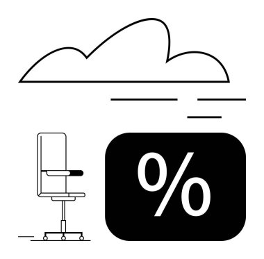 Ofis başkanı, iş yeri, veri, analitik, üretkenlik, bulut depolama, finans yönetimi ve indirimleri temsil eden bulut ve yüzde ikonu ile birlikte. Düz basit metafor için ideal