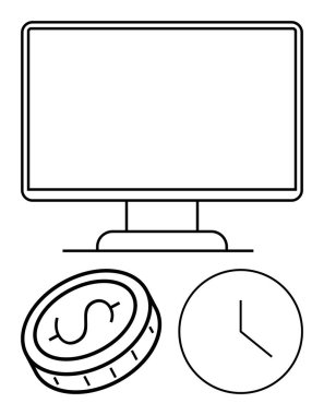 Bilgisayar ekranı, dolar işareti olan para ve saati gösteren saat grafiği zamanı, parayı, verimliliği, verimliliği, işi, stratejiyi ve tasarrufu temsil ediyor. Dijital pazarlama yatırımını finanse etmek için ideal