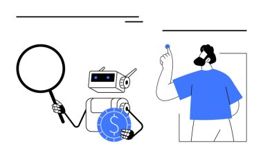 Robot, elinde büyüteç ve bozuk parayla elinde bozuk para tutan adamla etkileşime giriyor. Yapay zeka yeniliği, otomasyon, finans çözümleri, işbirliği, veri analizi, fintech, gelecekteki teknoloji kavramları için idealdir. Düz