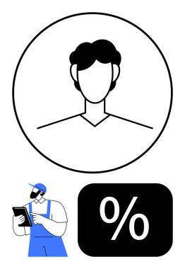 Minimalist profil avatarı, kepi tablet kullanan teslimatçı, cesur yüzde işareti. Müşteri profili, lojistik, dağıtım hizmetleri, ticaret, indirimli satış analizleri için ideal. Düz basit