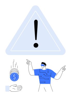 İnsan, üçgendeki büyük ünlem işaretine doğru hareket eder, bozuk paralar düşer ve finansal riski, tetikte olmayı ya da karar vermeyi sembolize eder. Finans, uyarı, dikkat, seçim, sonuç için ideal