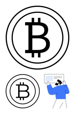 Tablet üzerindeki pazar tablosunu inceleyen kişinin yanında ana hatlı olarak Bitcoin logosu. Finans, kripto para birimi, engelleme zinciri, dijital ekonomi, yatırım, fintech, piyasa analizi için ideal. Düz basit
