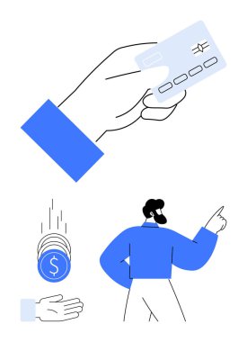 Ödeme kartı elinde, bozuk paralar avucunun içine düşüyor, kendine güveni tam birini gösteriyor. Ödeme sistemleri, mali işlemler, e-ticaret, bütçe planlaması, dijital bankacılık, fintech