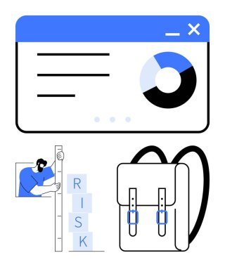 Turta grafikli dijital gösterge tablosu, riskleri belirleyen bir kişi ve parlak bir sırt çantası. Risk yönetimi, analitik, eğitim, e-öğrenme, planlama, üretkenlik için ideal basit iniş sayfası