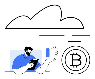 Bulut altındaki tablet kullanıcısı, başparmak işareti ve Bitcoin sembolü yenilik, kripto para birimi, bulut depolama, güvenli işlemler, fintech, engelleme zinciri ve düz basit bir metaforda dijital ekonomi öneriyor