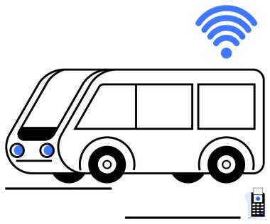Tekerlekleri ve pencereleri olan modern bir otobüs, kablosuz sinyal ikonu ve dijital bir bilet cihazı. Ulaşım, teknoloji, akıllı şehirler, dijital ödeme, yenilikçi iletişim hareketliliği için ideal. Düz
