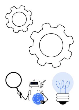 Robot, yenilik, mekanik ve ekonomiyi sembolize etmek için büyük vites ve ampulleri analiz ediyor. Teknoloji, otomasyon, yaratıcılık, problem çözme, analiz için ideal