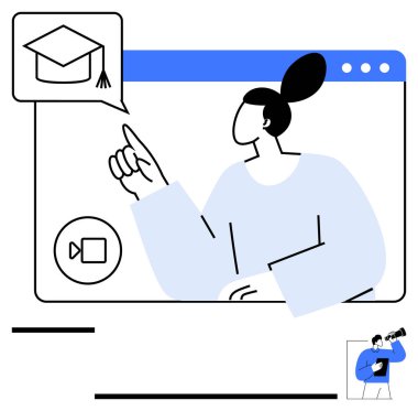 Mezuniyet şapkası ikonu içeren video çağrısında sanal öğrenme ile meşgul olan kişi. Eğitim, e-öğrenim, akademik başarı, uzaklık öğrenme, teknoloji, iletişim, düz basit
