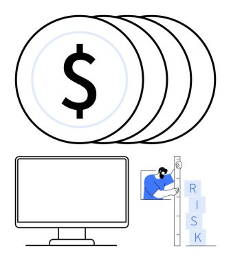 Dolar işaretli para yığını, risk blokları, dengeyi ayarlayan insan ve bilgisayar ekranı. Finans, yatırım, risk yönetimi, teknoloji, iş stratejisi ekonomisi için ideal