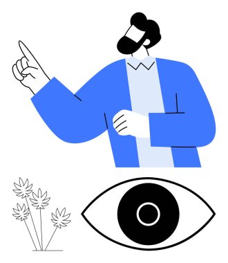 Yukarı doğru hareket eden insan, büyümeyi sembolize eden bitkiler ve görüşü sembolize eden bir göz de dahil olmak üzere görsel elementlerle çevrili. Kavramların ideali yaratıcılığı, liderliği, iş stratejisini destekliyor