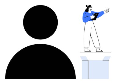 Siyah profil ikonu, elinde tablet tutan ve platformda duran bir kadının yanında. Sunum, liderlik, kişisel markalaşma, rehberlik, takım çalışması, eğitim, basit iniş için ideal