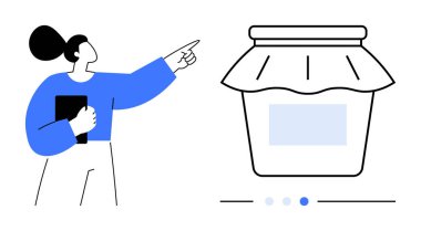 Büyük kavanozda notları olan bir kadın fikir paylaşımı, ürün sunumu ya da yaratıcılığı öneriyor. Eğitim, koçluk, fikir paylaşımı, ürün markalaşması, takım çalışması için ideal basit planlama