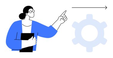 Gözlüklü kadın arka planda teçhizatla önü işaret ediyor, elinde klasör var. Takım çalışması, liderlik, iş akışı, strateji, verimlilik, iş planlama yeniliği için ideal. Düz basit metafor