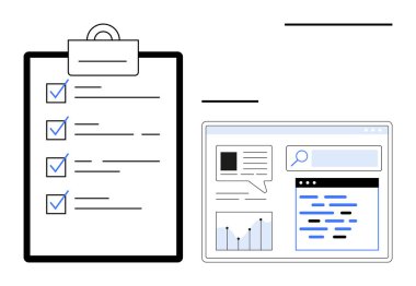 Kontrol listeli pano ve çizelgeli analitik web paneli, arama çubuğu ve metin renklendirmeleri. Üretkenlik, planlama, organizasyon, görev yönetimi, proje izleme ve iş için ideal