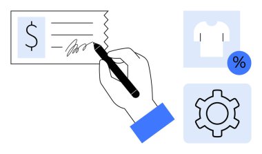 Kalemle el imzası kontrolü, ayarları temsil eden vites sembolü ve giyim indirimi simgesi. Finans, perakende, e-ticaret, işletme yönetimi, ödeme sistemleri, satış stratejisi için ideal