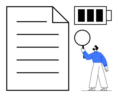 Batarya simgesinin yanında büyüteç kullanarak belgeyi analiz eden adam enerji gösteriyor. Araştırma, verimlilik, odaklanma, üretkenlik, incelemeler, analiz, basit iniş sayfası için ideal