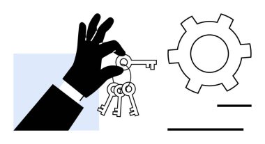 Verimliliği ve süreci sembolize eden bir dişlinin yanında erişimi ve çözümleri temsil eden bir dizi anahtarı tutan el. Problem çözme, çözümler, liderlik, araçlar, yenilik, yönetim, basit