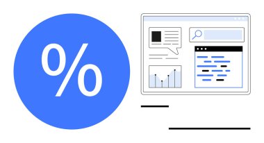 Grafikleri, arama çubuğunu ve metin kutularını gösteren bir web arayüzünün yanındaki yüzde sembolü. Veri analizi, istatistik, SEO, dijital pazarlama, araştırma ve basit iniş sayfası için ideal