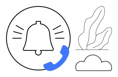 Çan çizgileri ve telefon ahizesi olan bir simge, yakınlarda soyut yaprak ve bulut tasarımları bulunuyor. Bildirimler, hatırlatıcılar, iletişim, alarmlar, hareketlilik, teknoloji, basit iniş sayfası için ideal