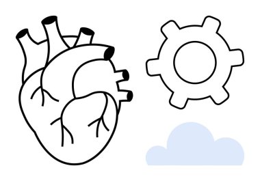 Anatomik kalp, çark ve bulut ile birleşir. Sağlık, teknoloji, yenilik, biyoteknoloji, duygular, bulut hesaplama ve takım çalışması için idealdir. Kalın düz metafor