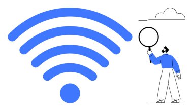 Geniş mavi kablosuz ikon, soyut bulutun yanında büyüteçle inceleme yapan bir adamla eşleşti. Teknoloji, bağlantı, internet, kablosuz araçlar, iletişim, veri analizi için ideal, basit