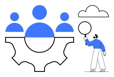Bir dişlinin içinde üç kişilik bir grup, büyüteçle inceleme yapan bir adam ve bulut ikonu. Takım çalışması, işbirliği, çözümler, yönetim, yenilik, analitik ve basit iniş sayfası için ideal