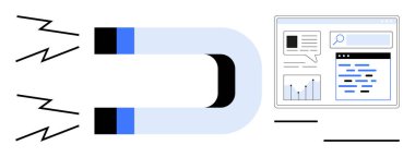 İçerik elementlerini çeken mıknatıs, metni, grafikleri ve arama sonuçlarını onaylar. Pazarlama, SEO, cazibe, veri akışı, dijital strateji, kullanıcı sözleşmesi basit iniş sayfası için ideal