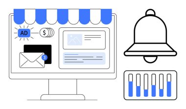 E- posta uyarıları, ödeme ikonu, ilan zili ve kontrol kaydıracı içeren dijital mağaza önü monitöründe. E-ticaret, dijital pazarlama, kullanıcı arayüzü, tebligat ödeme sistemleri için ideal