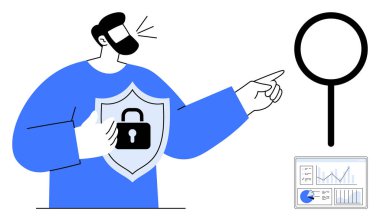 Sakallı adam kalkanı kilit altında tutuyor, büyüteç ve analiz çizelgesine işaret ediyor. Siber güvenlik, veri koruması, gizlilik, analiz, uyum, çevrimiçi güvenlik, basit iniş sayfası için ideal