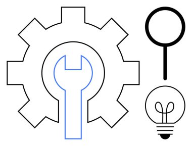 Alet edevat ve onarım için ingiliz anahtarı, keşif için büyüteç, fikirler için ampul. Yenilik için ideal, problem çözme, teknoloji, yaratıcılık, araştırma analizi verimliliği. Düz