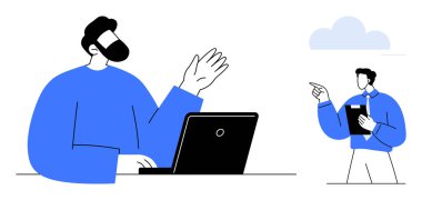 İki meslektaş etkileşime giriyor, biri dizüstü bilgisayarlı, diğeri de elinde bir not panosuyla görevleri tartışıyor. Takım çalışması, işbirliği, yönetim, liderlik, işyeri iletişimi, danışmanlık dairesi için ideal