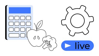 Sağlıklı yiyeceklerle hesap makinesi, ayarlar için ekipman ve canlı düğme. Sağlık takibi, diyet planlaması, teknoloji entegrasyonu, gerçek zamanlı araçlar, fitness uygulamaları, eğitim düzlüğü için ideal