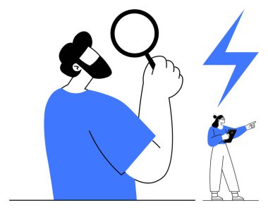 Büyüteç kullanan büyük bir erkek figürü, elinde pano tutan ve yıldırımı gösteren küçük bir kadın figürü. Analiz, araştırma, keşif, problem çözme, takım çalışması, yenilik için ideal