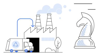 Fabrikada baca dumanı ve satranç şövalyesi olan geri dönüşüm kamyonu boşaltımı stratejiyi simgeliyor. Sürdürülebilirlik, iş büyümesi, üretim planlaması, geri dönüşüm, sanayi, karar verme mekanizması için ideal