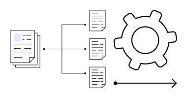 Belgeler, otomasyon, organizasyon ve verimliliği sembolize eden bir dişli ve okla temsil edilen bir sürece akar. İş akışı, veri işleme, optimizasyon, takım çalışması, teknoloji sektörü için ideal
