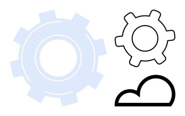 Büyük yarı saydam dişli, daha küçük ana hatlı teçhizat ve basit bulut şekli. Teknoloji, bulut hesaplama, yenilik, otomasyon, sistem entegrasyonu, veri yönetimi düz metaforu için ideal