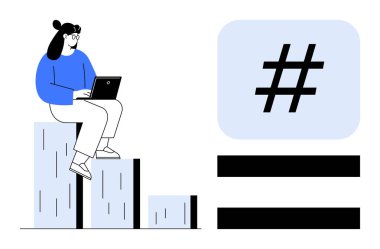 Dizüstü bilgisayarda çalışan bir kadın bar tablosunun tepesinde oturuyor. Üstveri etiketi sosyal medya, analitik ve markalaşmayı vurguluyor. İş, pazarlama, teknoloji, sosyal medya, büyüme istatistikleri için ideal